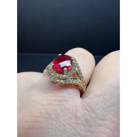 Lab Ruby and topaz halo ring in gold over sterling silver size 7 - Picture 10 of 16